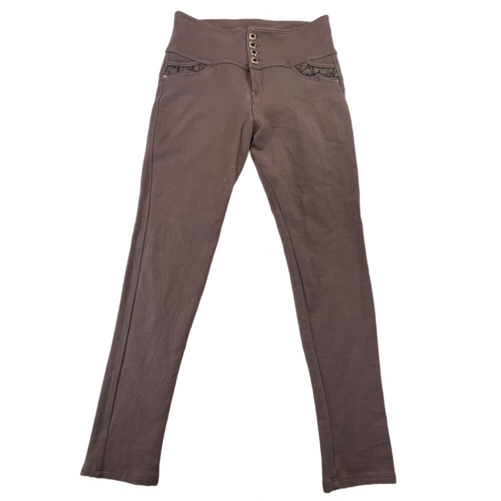 Daleska Fashion High Waisted Button Fly Lace Pocket Pants Brown Size L Women